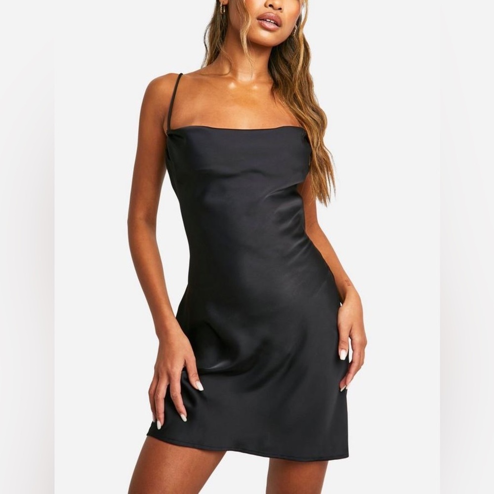 Missguided Black Silk Cowl Neck Mini Slip Dress Size 8